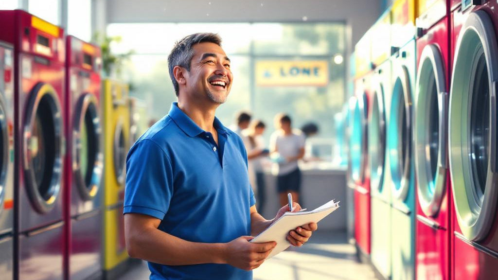 Man in a blue shirt standing in a laundromat holding a tablet.