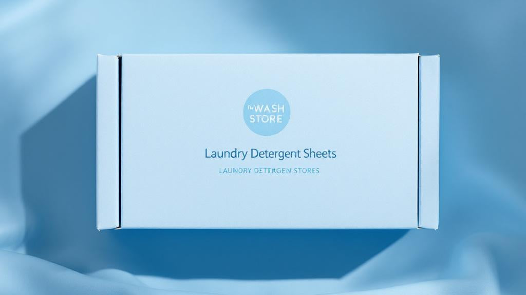 Box of laundry detergent sheets with 'Wash Store' branding on a blue fabric background